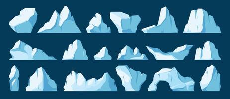 Iceberg collection. Cartoon melting iceberg floating in ocean, frozen polar glacier fragment, winter ice peak. Vector isolated set