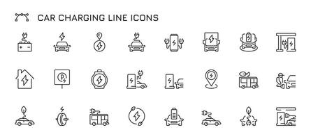 coche cargando línea iconos eléctrico vehículo cargando línea, eléctrico coche batería rango y tiempo, eco simpático transporte concepto. vector conjunto