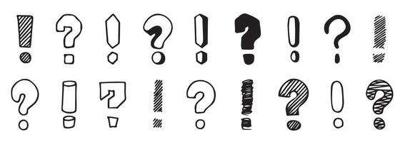 Exclamation and question marks. Outline punctuation marks for doodle brush style, hand drawn punctuation symbols. Vector isolated collection