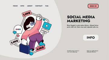 Social marketing landing. Web page template with social network buttons, like button and share button. Vector web page with social media icons