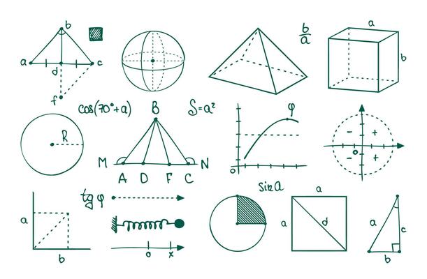 Math graphs. Parabolas, cosine, sine and tangent curves. Geometric figures and functions. Vector college algebraic symbols