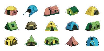 Camping tent. Summer outdoor shelter with rope and pegs, various colorful touristic tents for hiking and camping recreational activity. Cartoon canvas tents vector