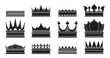 Black king crown. Medieval nobleman ranking emblem silhouette, luxury monarchy insignia, success and victory award. Vector isolated set