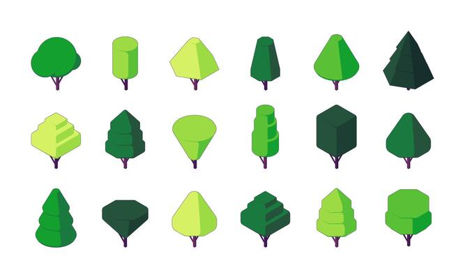 Isometric trees. Green plants of polygonal shapes, botanical deciduous forest and park landscaping, decorative floral elements. Vector isolated set