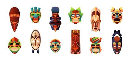 African ritual masks. Traditional ceremonial tribal human face shaped totems, indigenous folk decorative zoomorphic muzzle cartoon style. Vector flat set