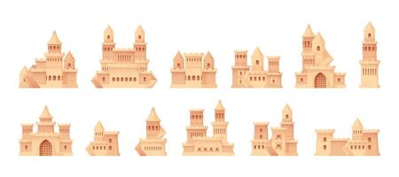 Sand castle collection. Building fortress with towers constructions, sandcastle sculpture beach summer season vacation child activity. Vector set