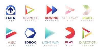 Forward logo sign. Abstract gradient arrows with text for logotype material design, creative play button symbol, renewable energy icon flat style. Vector collection