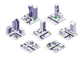 Isometric city streets. Town quarter with skyscrapers apartment and office buildings houses, urban residential block with traffic. Vector illustration