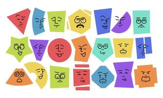 Geometric shapes with emotions. Abstract basic shapes expressing happiness, anger and sadness with faces emotions. Vector doodle set