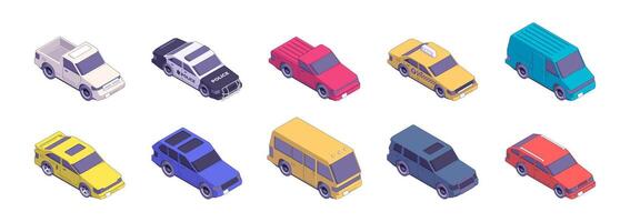 Isometric city traffic. Modern cars, different models of urban transport vehicle abstract flat style, automotive transportation concept. Vector set