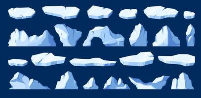 Floating ice. Cartoon frozen glacier and arctic ice mountain pieces, white glacier block with frosty surface and icy corners. Vector isolated set
