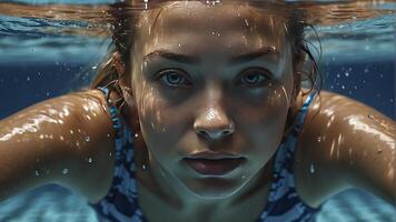 AI generated portrait of a pretty girl in the pool, wet portrait, wet gir in the pool, woman is swimming in the pool photo