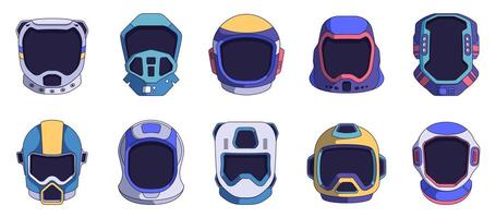 Cute astronaut helmet set. Cartoon cosmic spacesuit helmets with funny stickers, flat universe spaceship avatars for sticker chat application. Vector collection