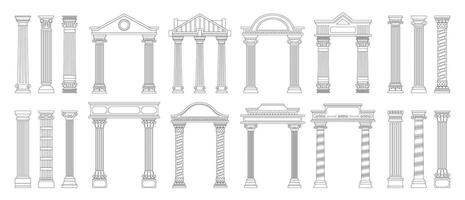 Ancient line columns. Antique doodle style roman architecture pillars with decorative elements, outline greek columns. Vector collection