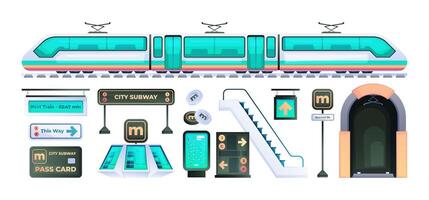 City metro element. Subway railway transport infrastructure, urban underground transportation system, wagon platform escalator turnstile. Vector set