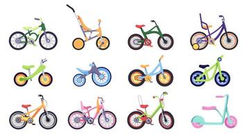 dibujos animados niños bicicleta. vistoso adolescente y niño ciclo, chico y niña bicicleta con cesta, diferente tipos de vistoso bicicleta transporte. vector aislado conjunto