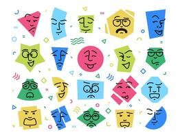 Doodle shapes with faces. Happy angry scared laughing smile angry facial expression icons, cute geometric forms of abstract characters. Vector isolated collection