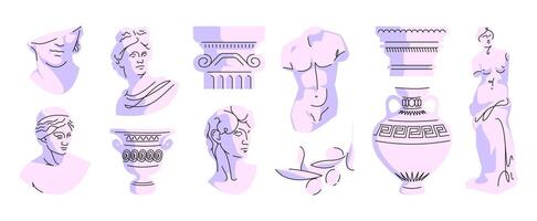 Ancient greek line elements. Doodle ancient roman line stickers, statues and sculptures with vases and antique architectural decorative elements. Vector isolated collection