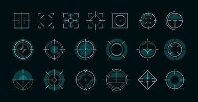 HUD aim ui. Futuristic circle target frame for game user interface, military sniper weapon sight hologram, sci-fi focus vector