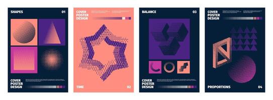 Pixel dither posters. Abstract minimalistic shapes with glitch and noise effects. Vector 90s retro bitmap cover design