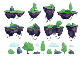 Floating game ground. Cartoon rock grass water river and air, floating level design for 2D game and app. Vector landscape with rocks and grass