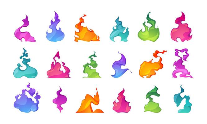 Magic colorful fire. Cartoon fantasy magic spell and various flame effect 2D game sprite asset, bonfire and dungeon light source. Vector collection