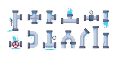 tubería filtración. roto tubo con fuga, fontanero goteo desagüe grifo problema, grifo válvula grieta con agua gotas, industrial tecnología concepto. vector conjunto