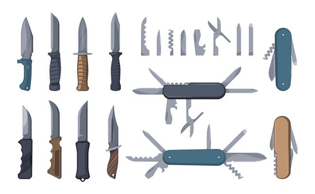Knives and multitools. Army pliers with rubber grip survival kit, cartoon worker tool for opening bottles, screwing, cutting, trimming. Vector set