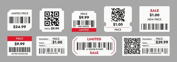 Prices with barcodes. Sticker barcodes system for sale item, row labels with codes and QR code, grocery store product price mark. Vector shopping concept