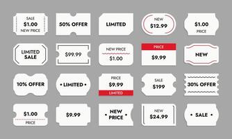 Products price stickers. Price tag mockup with date code, supermarket blank stickers for sale expiration mark, grocery product id. Vector set