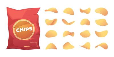 Cartoon potato chips. Salty french fries vegetarian snack, fast food fried appetizer package with crunchy crisps flat style. Vector isolated set
