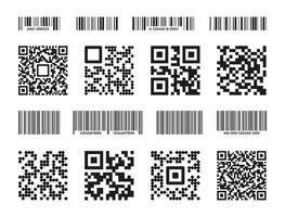 Barcodes and QR. Scan code for labeling and tracking, black stripes with barcode and number for identification, supermarket product packaging element. Vector set