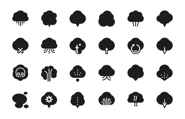 Black vapour icons. Outline toxic smoke and steam trail pictograms, steam and fog sign, bad breath, smog odour warning sign. Vector isolated set