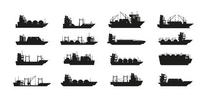 Black cargo ships. Commercial sea transportation vessels, tanker carrying heavy containers, shipping freighter boats silhouettes flat style. Vector set.