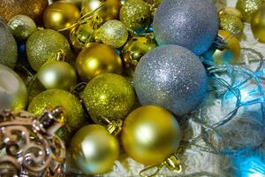 christmas background with bubbles, colorful christmas lights, christmas decorations photo