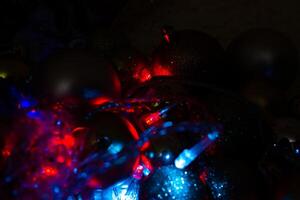 christmas background with bubbles, colorful christmas lights, christmas decorations photo