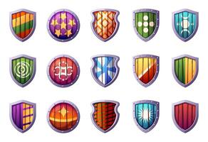 Game shields. Cartoon medieval knight armor wooden screen protector, military weapon achievement UI panel. Vector UI element set