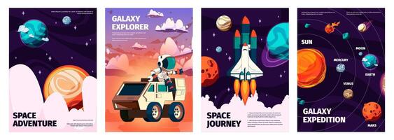 Cartoon space posters. Colorful space exploration and cosmic flight posters, universe galaxy planets and stars science and technology concept. Vector set