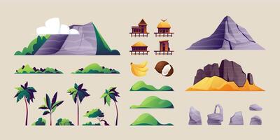 Tropical island constructor. Cartoon landscape with mountain hills palm trees clouds green foliage samples, summer coast elements flat style. Vector set