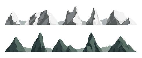 Rocky landscape elements. Cartoon mountain peaks, snowy stone rocks and cliffs, green alpine scenery with snowy peaks and craggy rocks. Vector isolated set