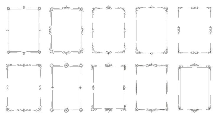Decorative ornamental frames. Vintage decorative borders for certificate and menu, vintage filigree corners and swirls. Vector baroque flourish set