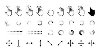 Pointer and loading icons. Computer cursor arrow and loading sign, click and wait symbol, web address and thumb pointing. Vector isolated set