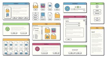 Computer 90s UI. Retro 80s and 90s style GUI panels with buttons and frames for application and operating system design. Vector modern notification screen