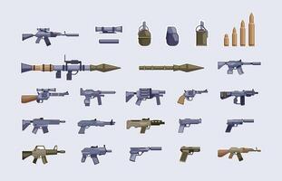 Military firearms. Set of battle arsenal automatic supplies shotgun pistol grenade, army weapon and war ammunition for game shooter. Vector collection