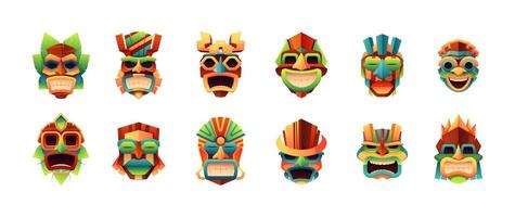 tiki máscaras tradicional maya azteca aborigen ritual tribal tótems, zulú polinesio mexicano indio ceremonial ídolos, dibujos animados étnico cara enmascaramiento vector plano conjunto