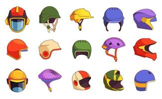 Helmet collection. Cartoon bike and motorbike headgear, head protective equipment set, extreme sport headgear protection icons. Vector isolated collection