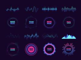 Round waveform. Circular vibration music tune, pulse beat and frequency spectrum, music studio background. Vector isolated set