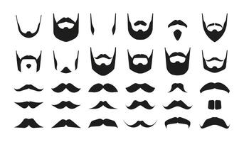 Mustaches and beards. Hipster black mustached bearded faces, simple masculine symbols different variations for barber logo. Vector isolated set