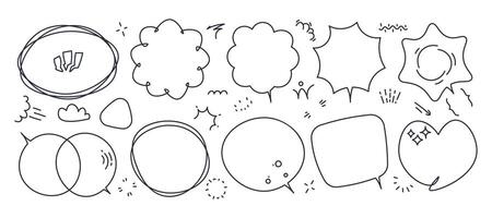 Manga comic bubble. Doodle speech balloons with different shapes, simple stroke brush letters for title and text decoration. Vector isolated set