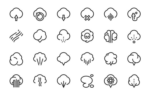 Smell line icons. Outline smell elements for logo design, breath smoke fog steam aroma fume and odor symbol. Vector breath pictograms collection